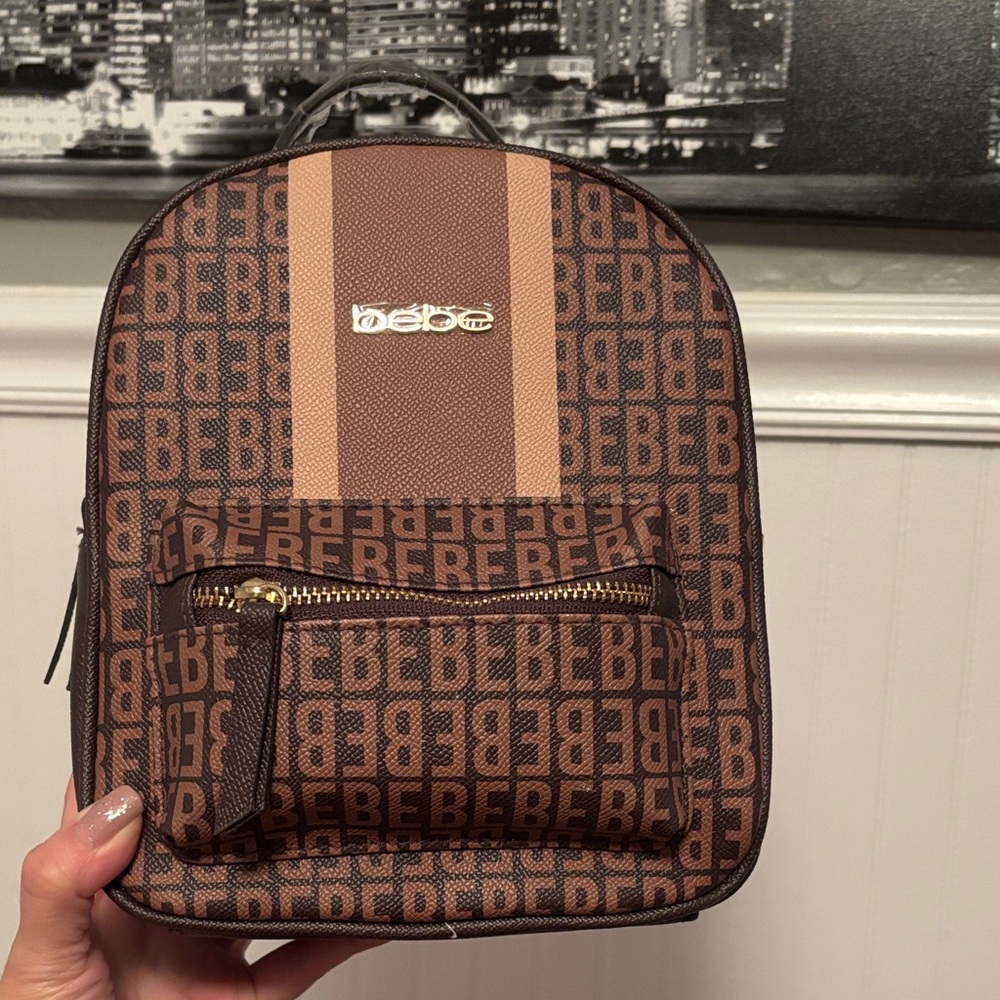 bebe Brown Logo Mini Backpack with Gold Hardware